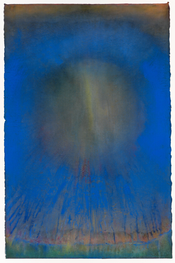 Large hazy circular light hovers over a blue field with radiating streaks and muted border.