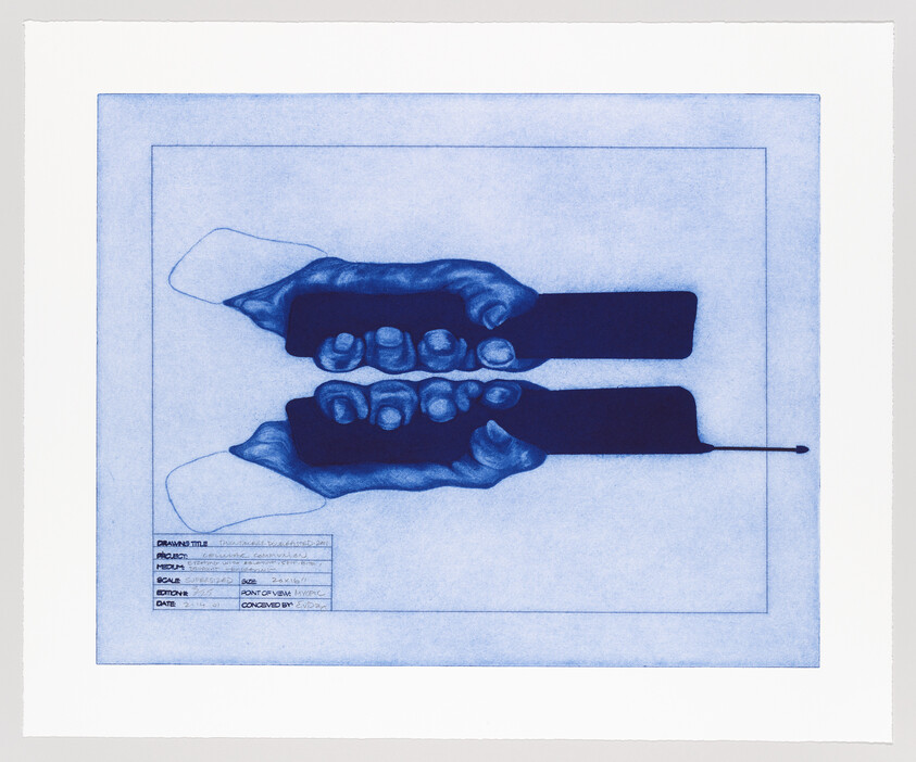 Two blue-toned hands hold long dark rectangular objects opposite each other on a pale background.