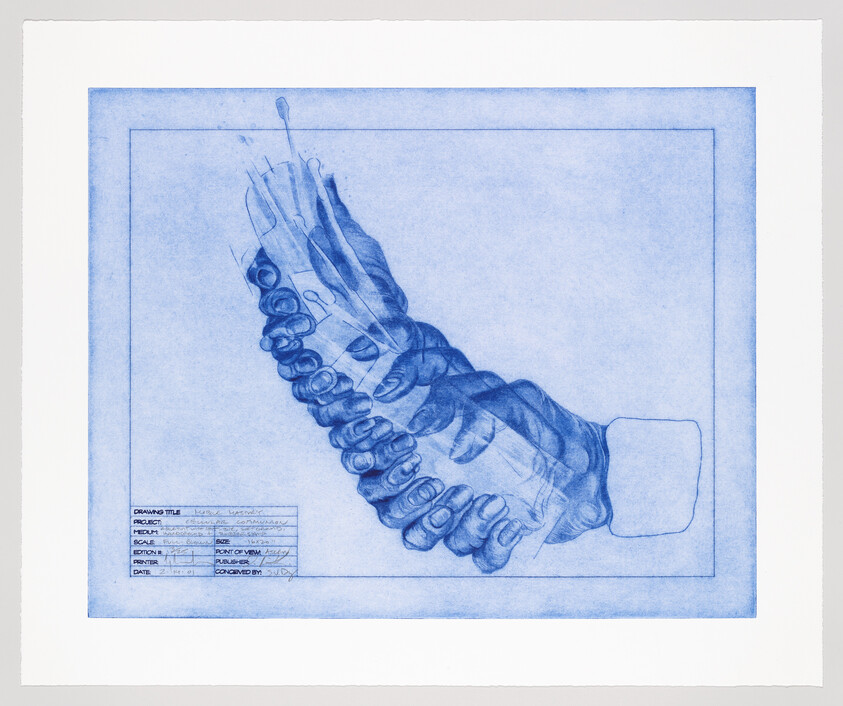 A blue blueprint-style drawing shows a hand in multiple overlapping positions suggesting rotational movement.