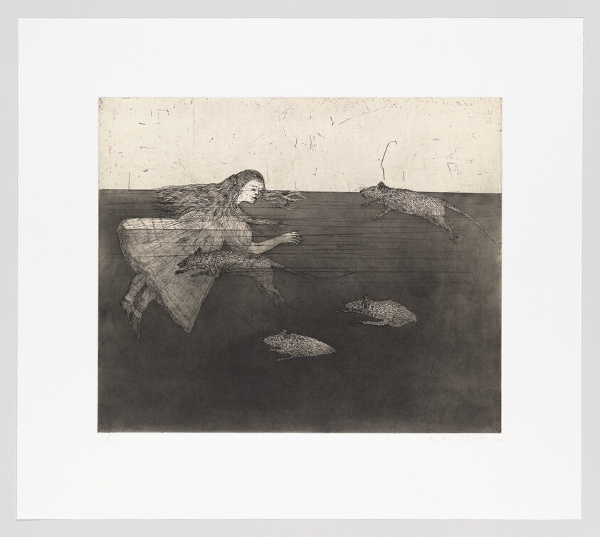 A woman swims through dark water reaching toward several rats moving ahead and below her.