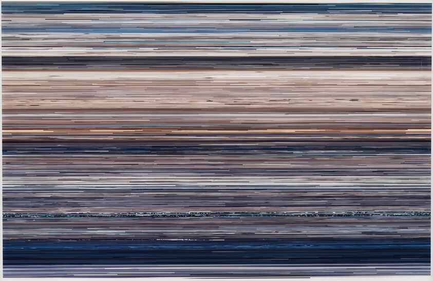 Abstract artwork of tightly spaced horizontal stripes in muted blues, browns, and gray tones.