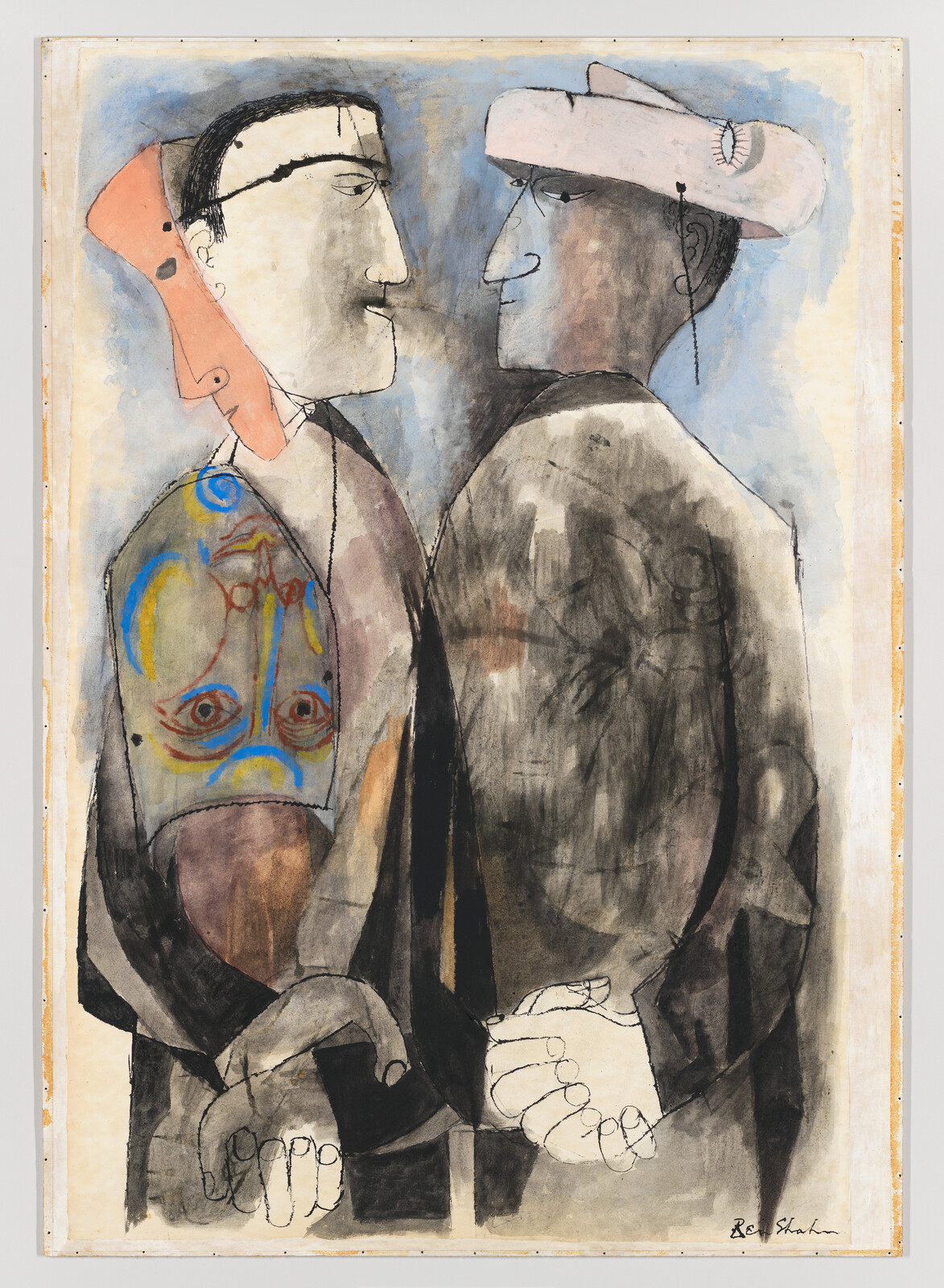 Two stylized figures face each other while clasping hands, one wearing a colorful mask-like pattern.