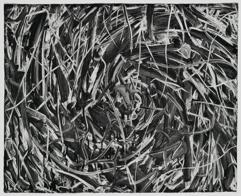 A monochrome abstract painting featuring a chaotic arrangement of brushstrokes in black and white, creating a dynamic and textured visual effect.