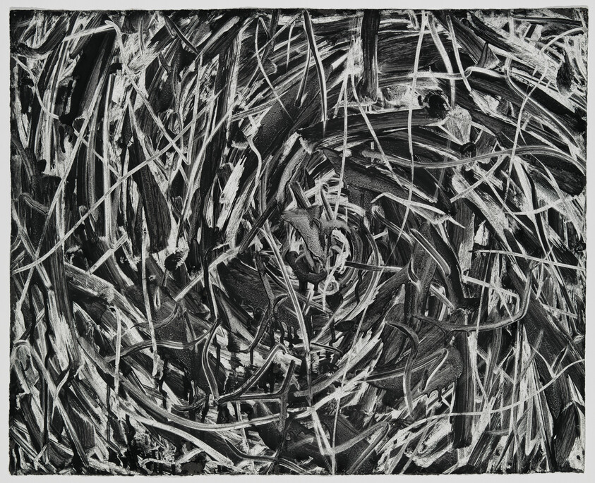 Black-and-white abstract painting with dense swirling brushstrokes and chaotic crisscrossing lines.