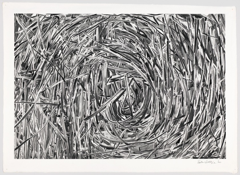 A black and white abstract drawing featuring a dense, swirling pattern of lines and shapes that resemble a tangled mass of straw or grass. The composition is dynamic, with a sense of movement around a central vortex. The artist's signature and the year '60 are visible at the bottom right corner.