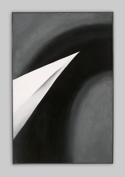 A white, triangular shape points into a dark, curved background, creating a stark contrast.