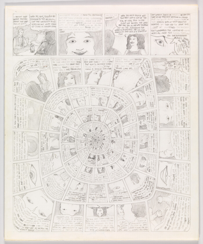 Hand-drawn spiral comic page with concentric panels filled with pencil sketches and handwritten text.