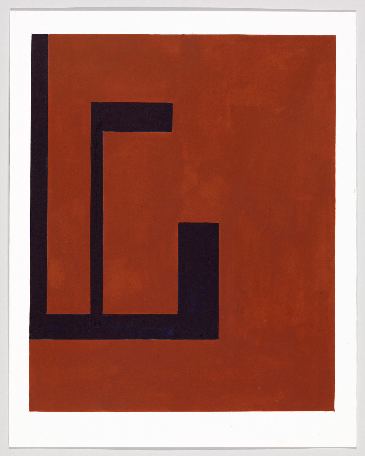 Large rust-red rectangle with bold black angular lines forming a stepped corner shape on left.