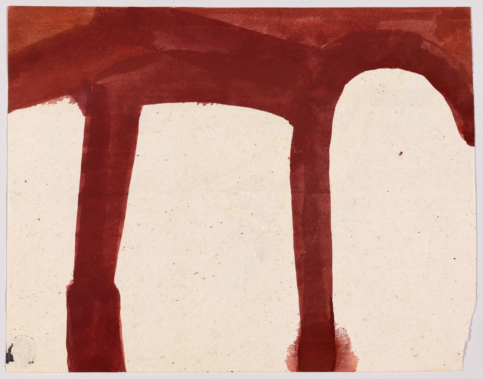 Three wide red paint strokes arching and dripping downward on speckled beige paper.