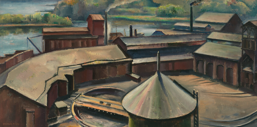 A riverside industrial complex with roundhouse and locomotive turntable under soft light.