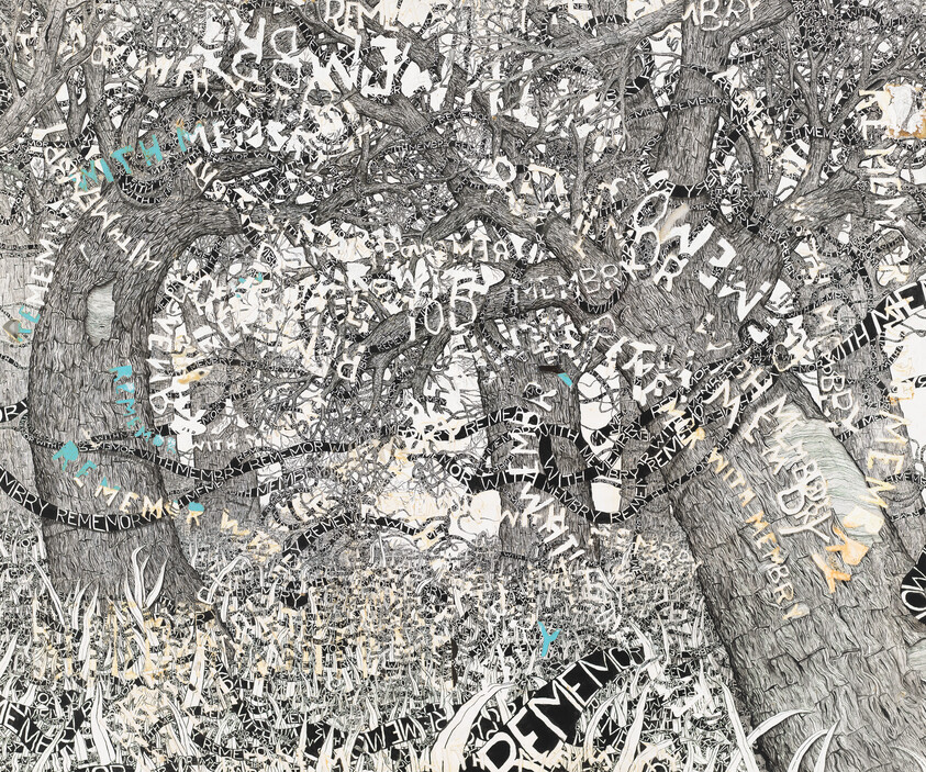 Gnarled trees filled with repeating "remember" text woven through branches and grass.