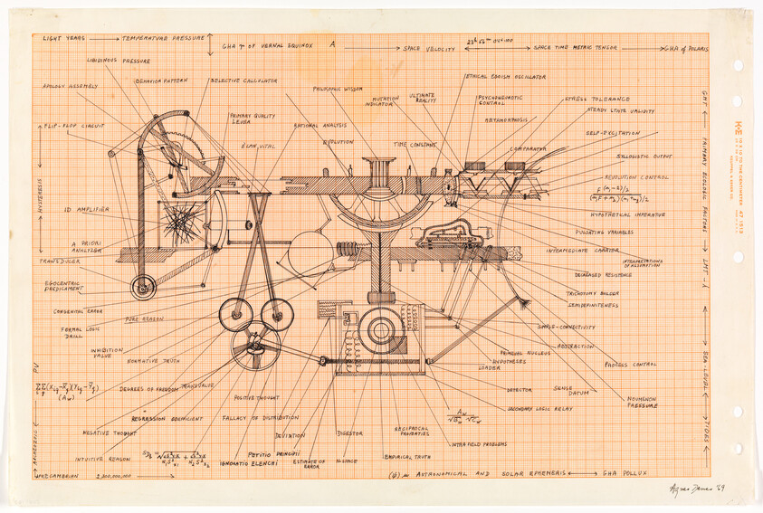 Detailed technical schematic of a complex mechanical device with labeled parts on orange graph paper.