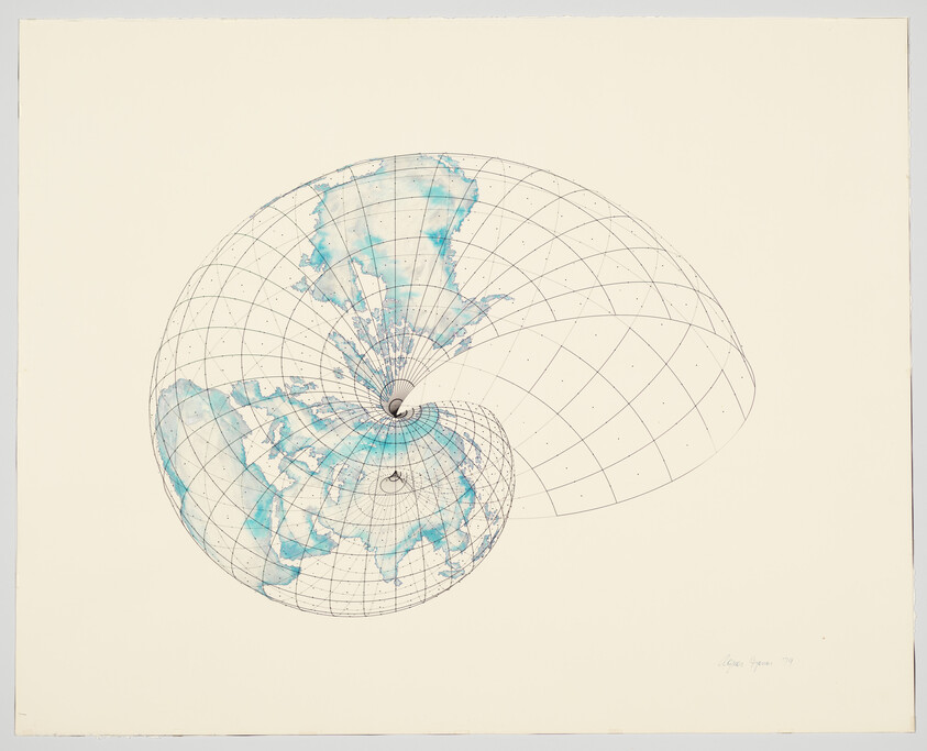 A spiraling wireframe globe with blue landmasses and curved latitude-longitude grid lines.