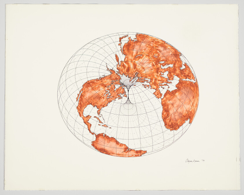 A hand-drawn globe projection centered on the North Pole with orange landmasses and latitude-longitude grid.