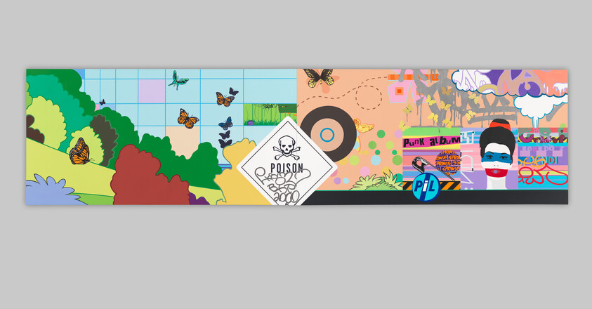 Colorful panoramic collage with butterflies, a central 'POISON' skull label, and stylized face artwork.