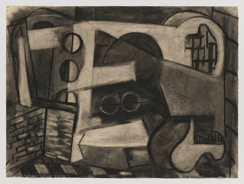 Abstract charcoal drawing of overlapping geometric shapes suggesting a room with eye-like circles and a barred window.