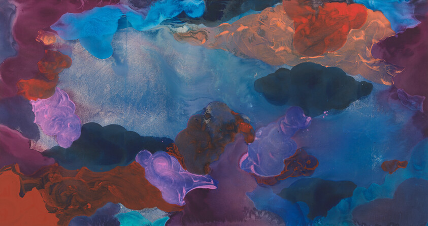 Abstract fluid painting with swirling blue, purple, red, and teal clouds blending across the canvas.