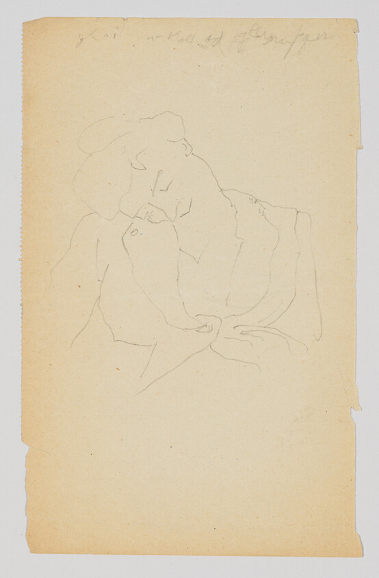 A simple pencil sketch of a seated person resting their head on their hand on aged paper.