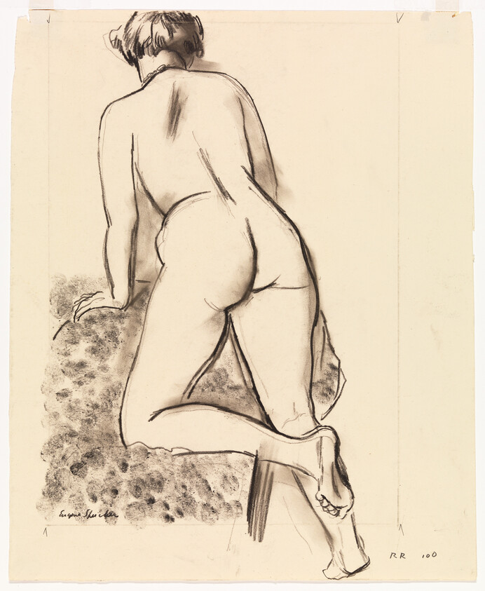Nude woman kneeling on a textured surface, leaning forward with hands resting.