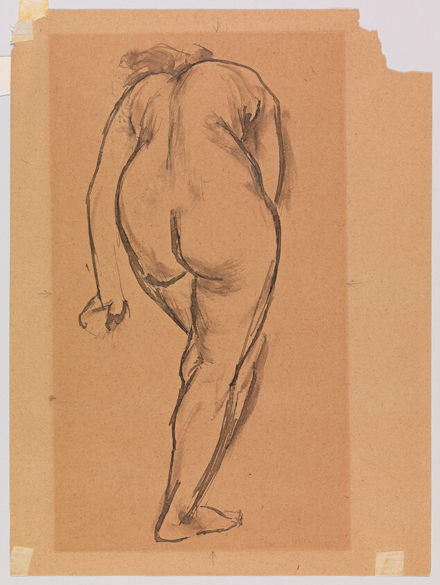 Nude figure sketch seen from the back stepping forward, drawn with charcoal on brown paper.