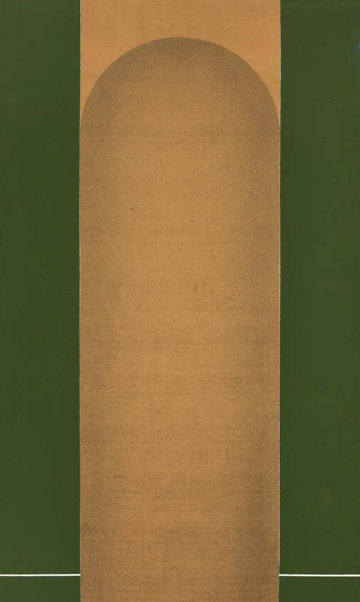 A minimalist abstract painting featuring a large, central ochre rectangle with a rounded top on a background split vertically into two different shades of green, with a thin white horizontal line at the bottom edge.