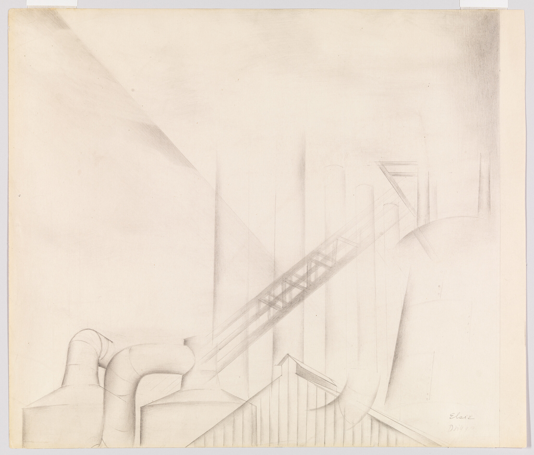 Large industrial pipes and silos connected by a diagonal metal walkway in a pale pencil drawing.