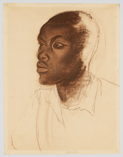 Young man in profile with thoughtful expression, charcoal drawing emphasizing facial features and gaze.