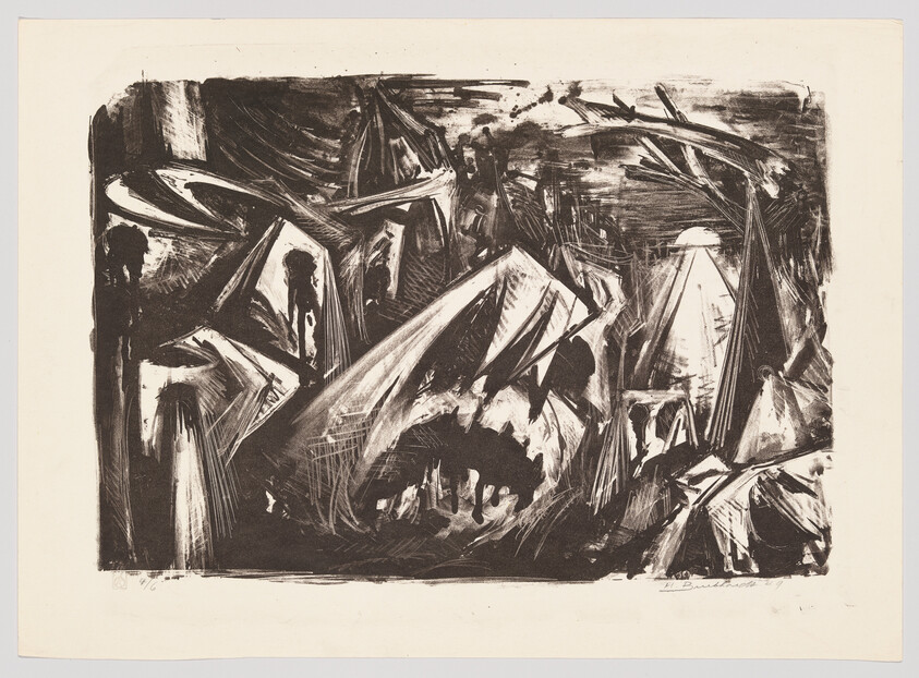 A black and white abstract expressionist print featuring dynamic, angular shapes and lines that create a sense of chaotic movement and energy. The composition is dense with contrasting areas of dark and light, suggesting depth and form. The artwork is signed at the bottom right corner.