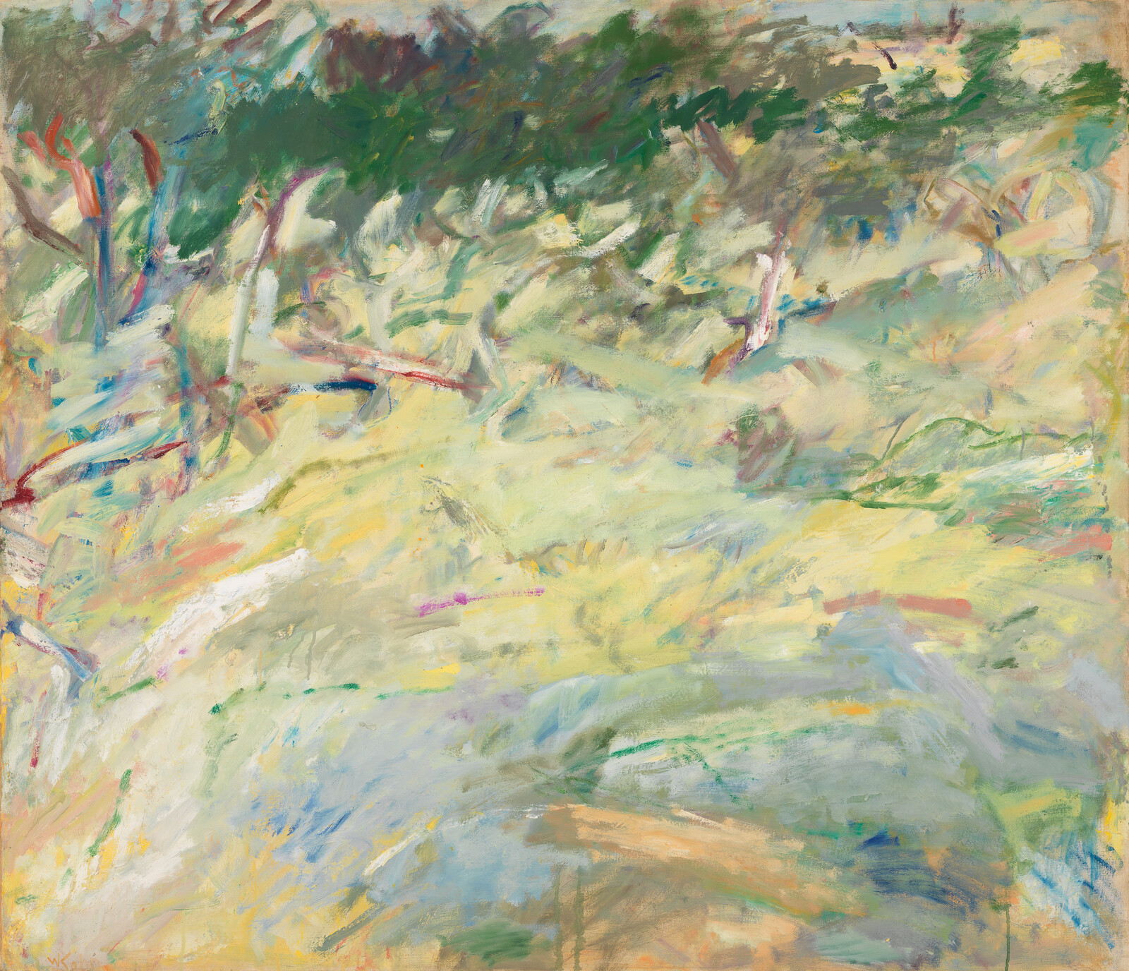Soft pastel brushstrokes suggest a sunlit grassy hillside with scattered trees and gentle slopes.