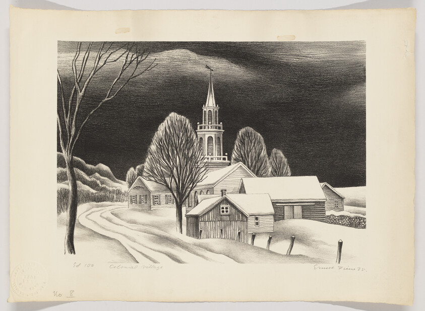A snowy village road leads past leafless trees to a church with a tall steeple.