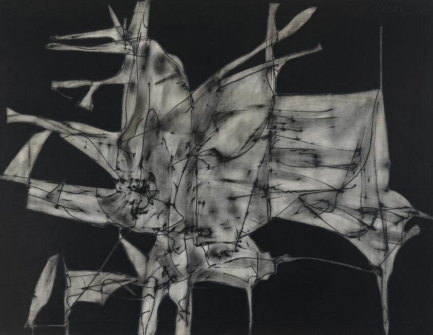 Large abstract black-and-white charcoal drawing of a tangled, tree-like organic form with spindly branches.