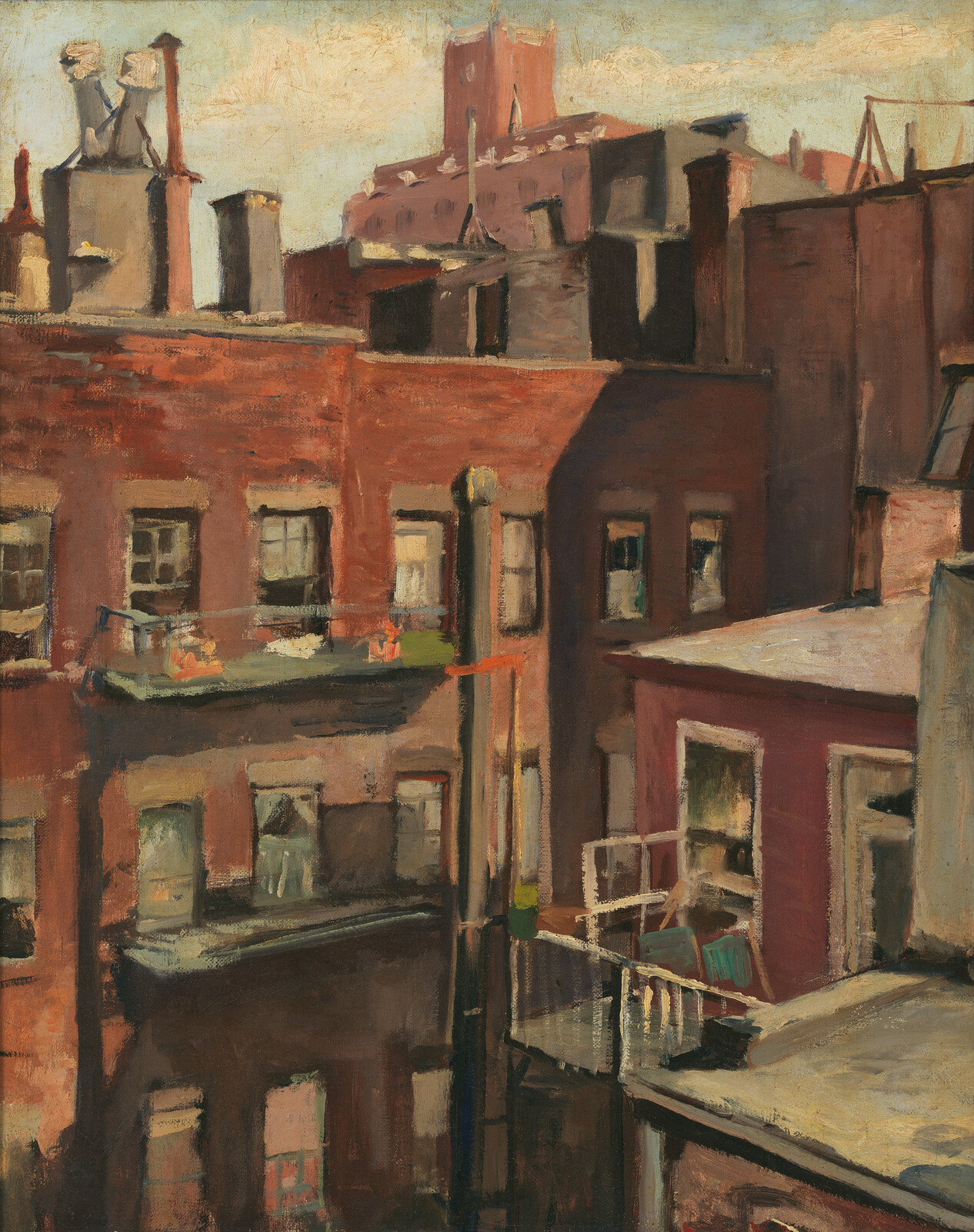 Brick apartment buildings with small balconies, fire escapes, and chimneys under a pale sky.