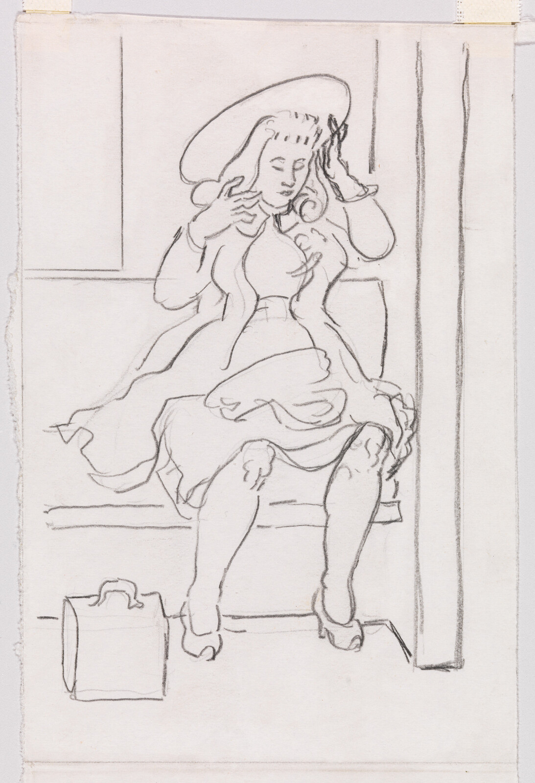 A woman in a dress and hat sits on a bench adjusting her hair with a small bag beside her.