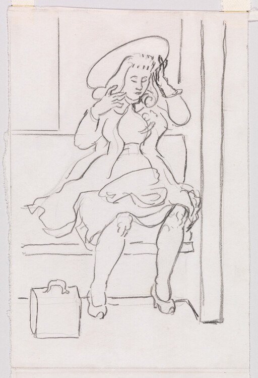 A woman in a dress and hat sits on a bench adjusting her hair with a small bag beside her.