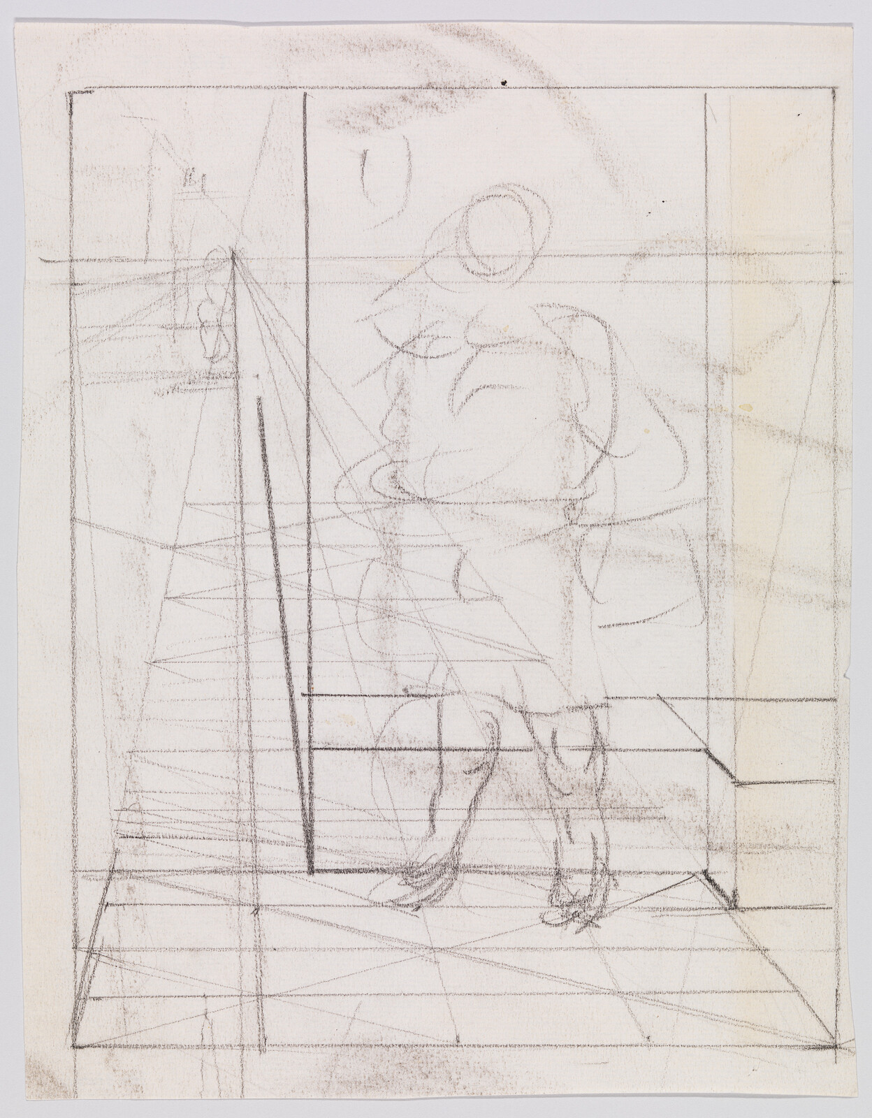 A rough pencil sketch of a dog standing inside a perspective grid.