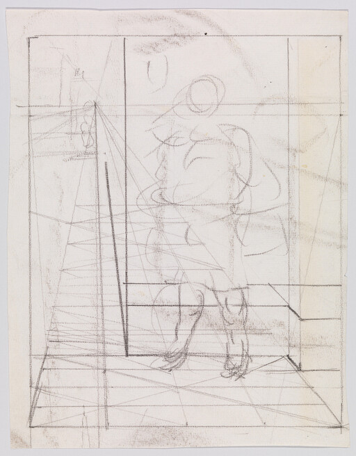 A rough pencil sketch of a dog standing inside a perspective grid.