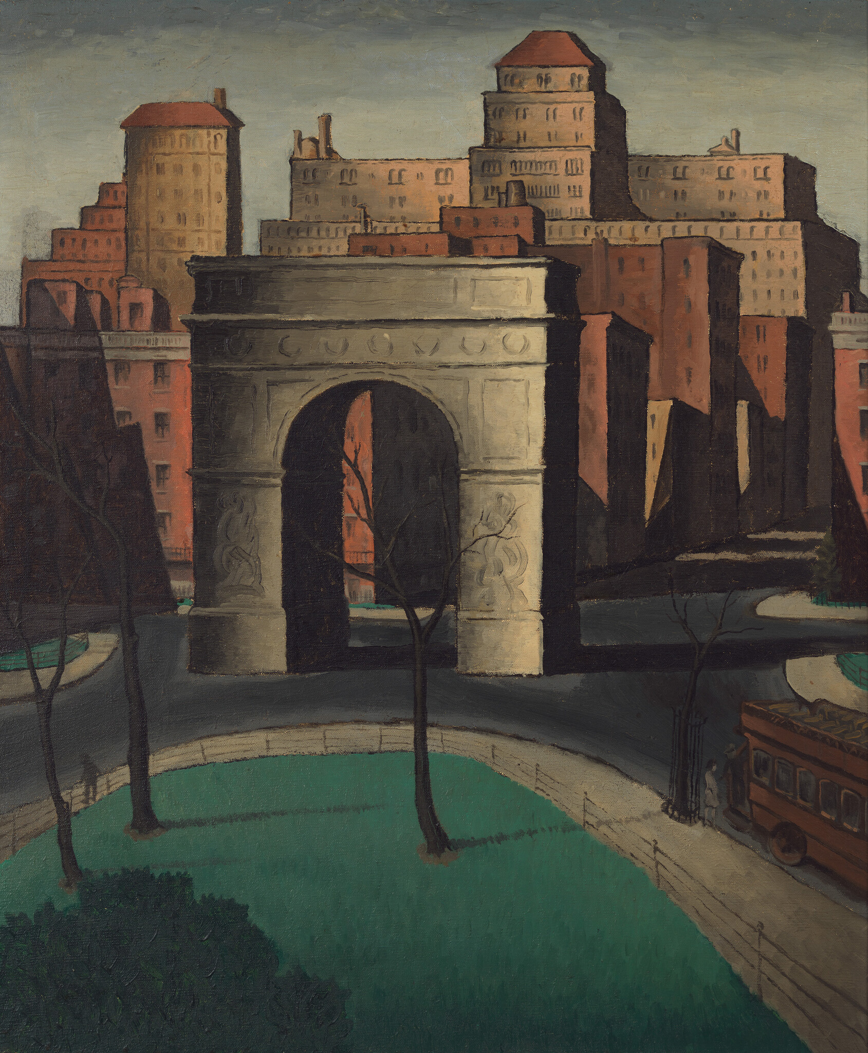 Washington Square arch stands in a quiet park with leafless trees and a trolley nearby.