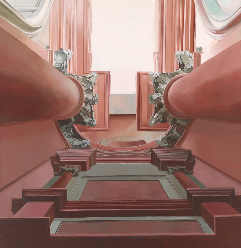 A surreal painting depicting an architectural interior with exaggerated proportions, featuring large, rounded columns in a salmon pink hue, ornate sculptures embedded in the walls, and a complex series of steps leading to a central platform. The perspective is from the bottom looking up towards a ceiling with a classic coffered design and two windows letting in soft light.