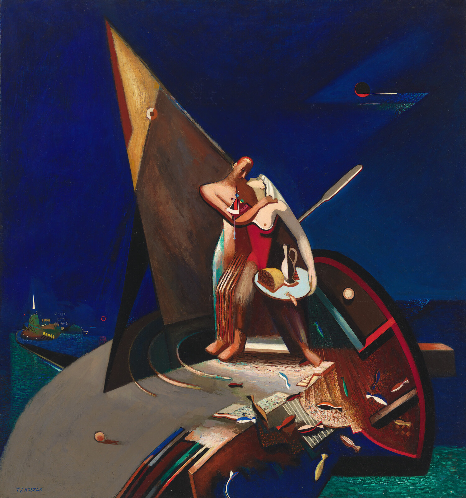 Two abstract figures embrace on a tilted boat-like structure under a deep blue night sky.