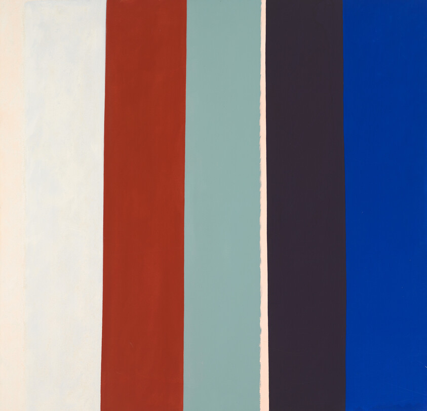 Seven wide vertical color stripes in cream, white, red, teal, thin pale, dark purple, and blue.