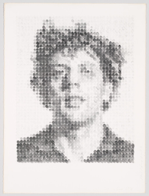 A grayscale portrait of a person formed from a grid of circular dots.