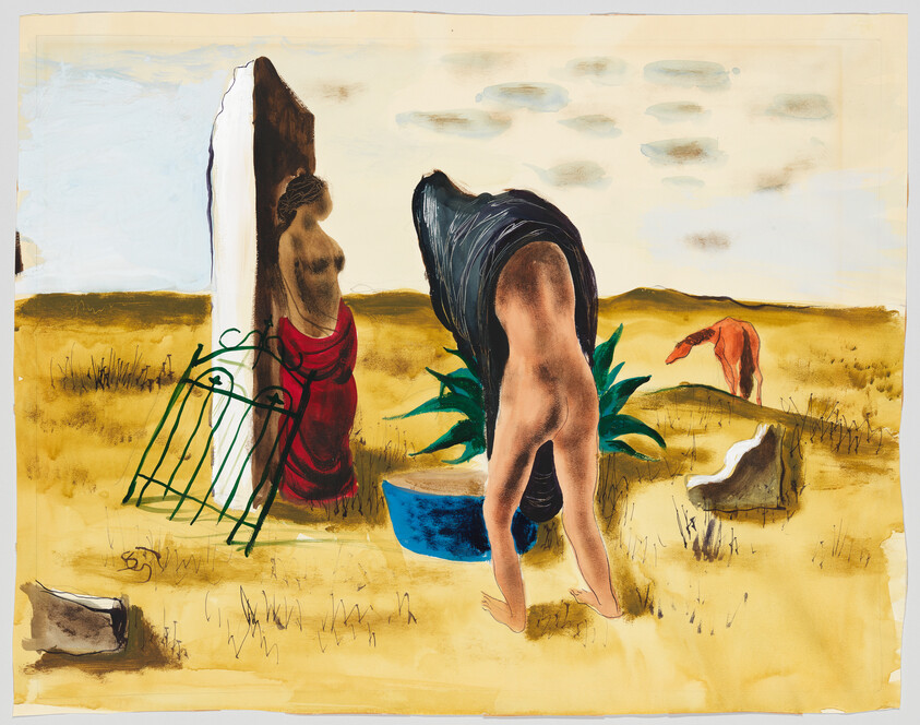 Nude figure bending over into a blue basin while draped figure stands by a stone slab in a dry field.