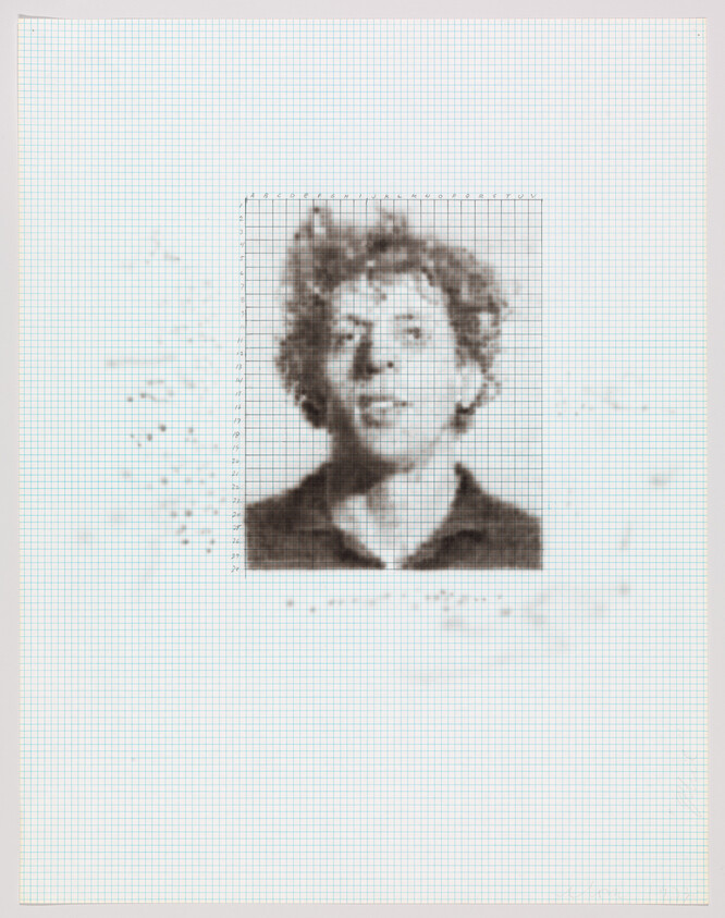 A grainy portrait of a young person with curly hair drawn on blue graph paper.