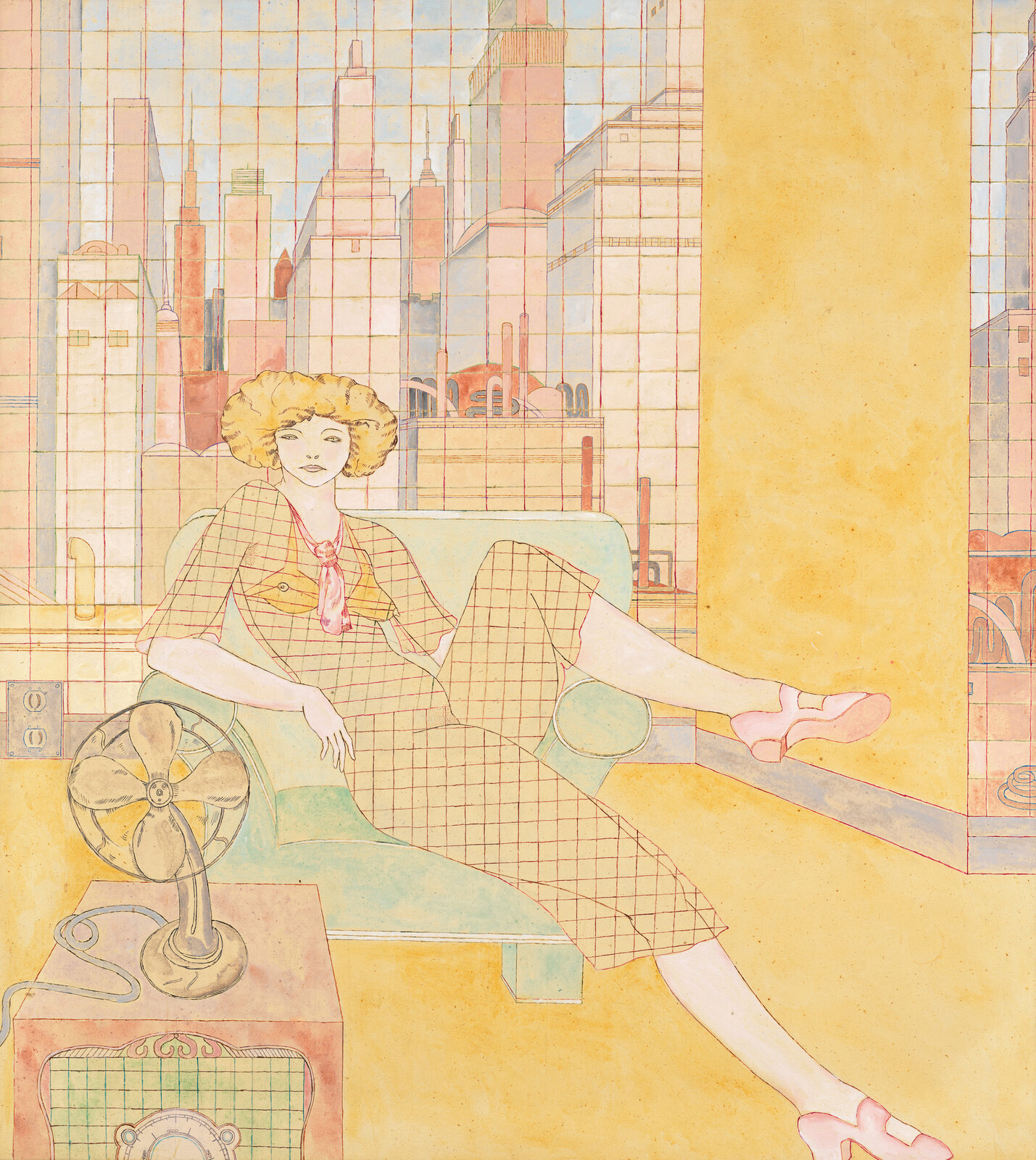 A woman lounges on a sofa with one leg stretched out against a city window.