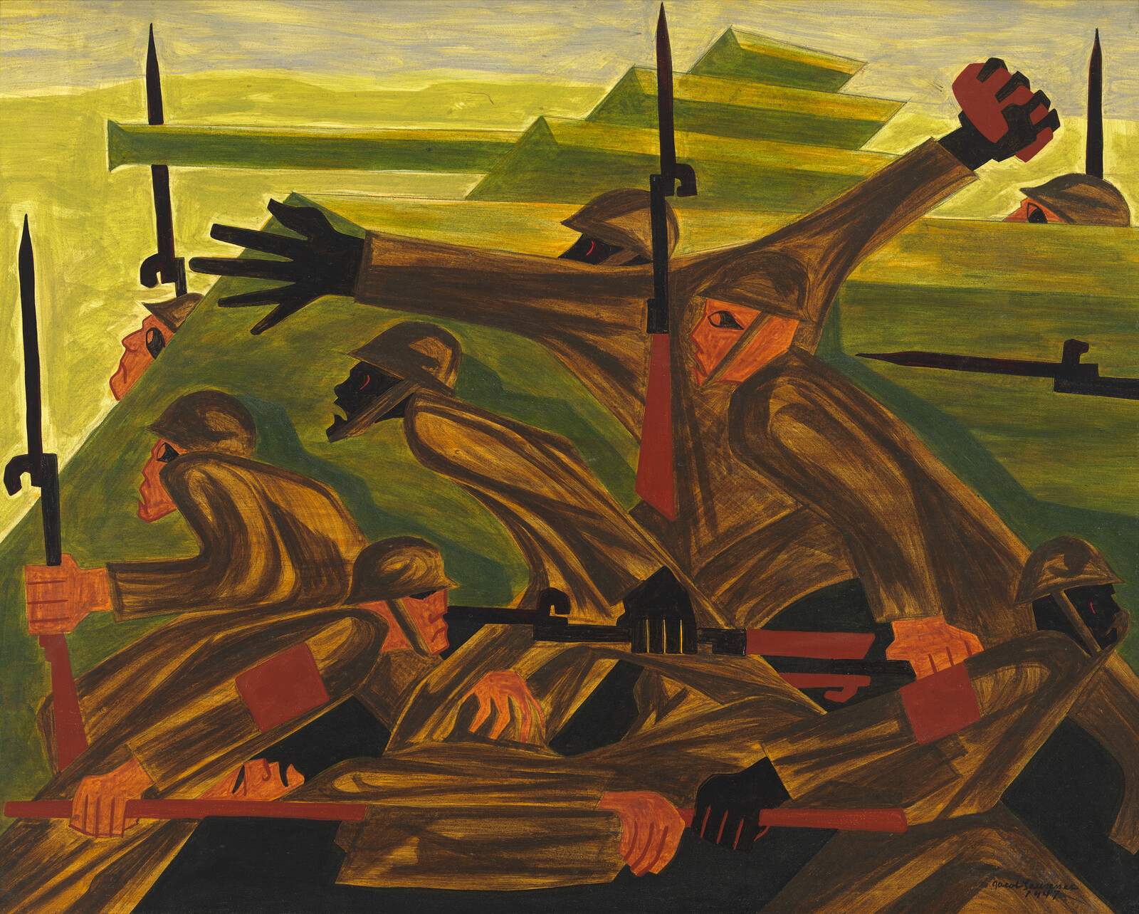 Soldiers in brown uniforms charge forward with rifles and bayonets, set against a green background.