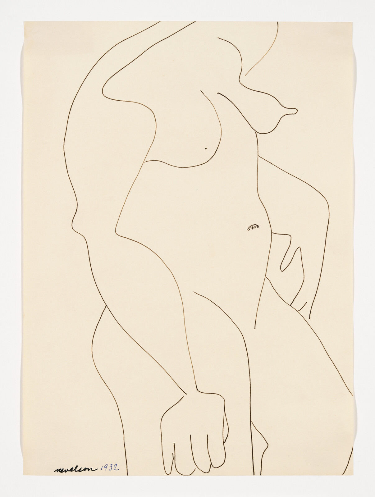 Simple continuous-line drawing of a nude female torso with one arm and hand visible.
