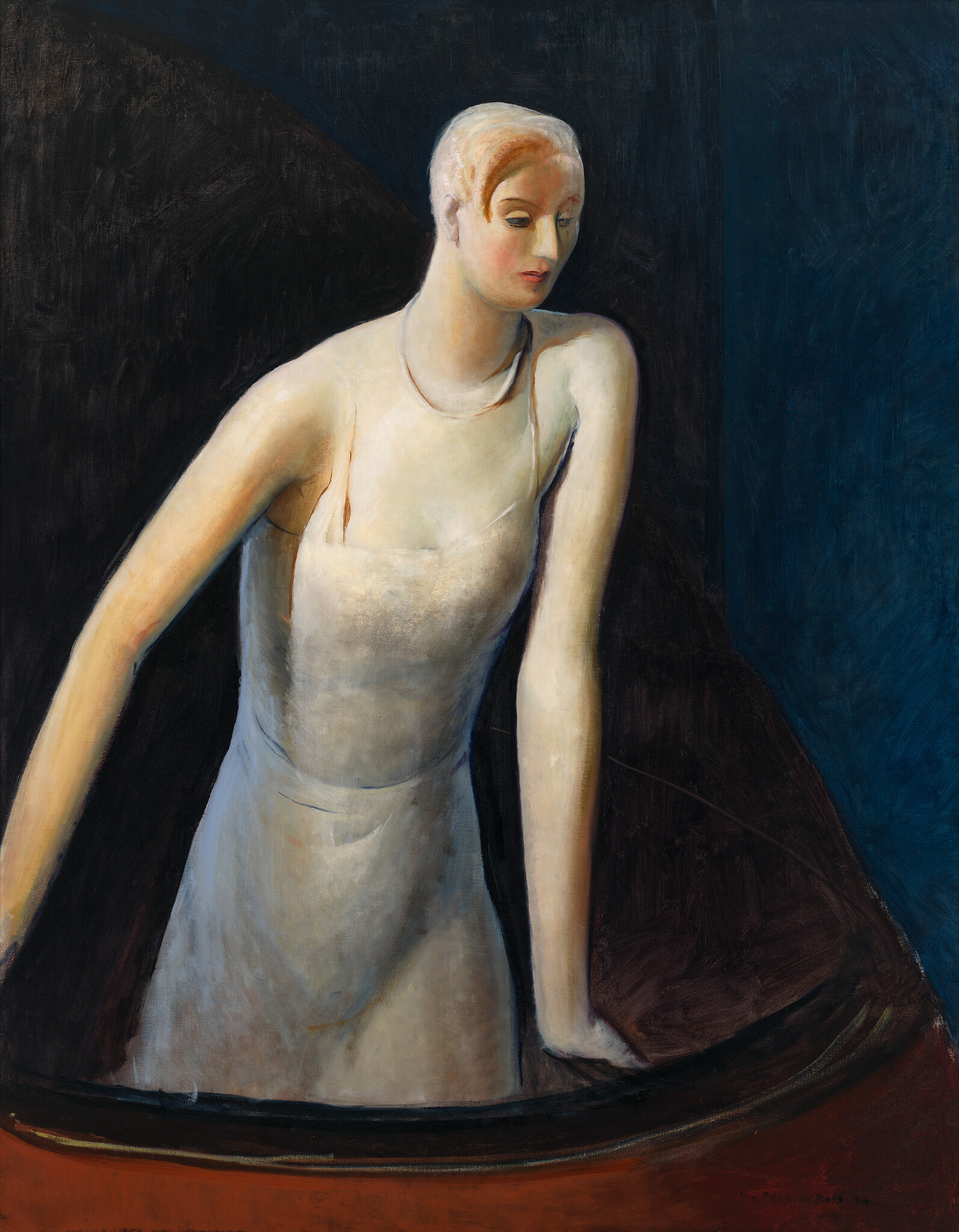 A woman in a white dress leans on a dark railing, gazing downward with a calm expression.