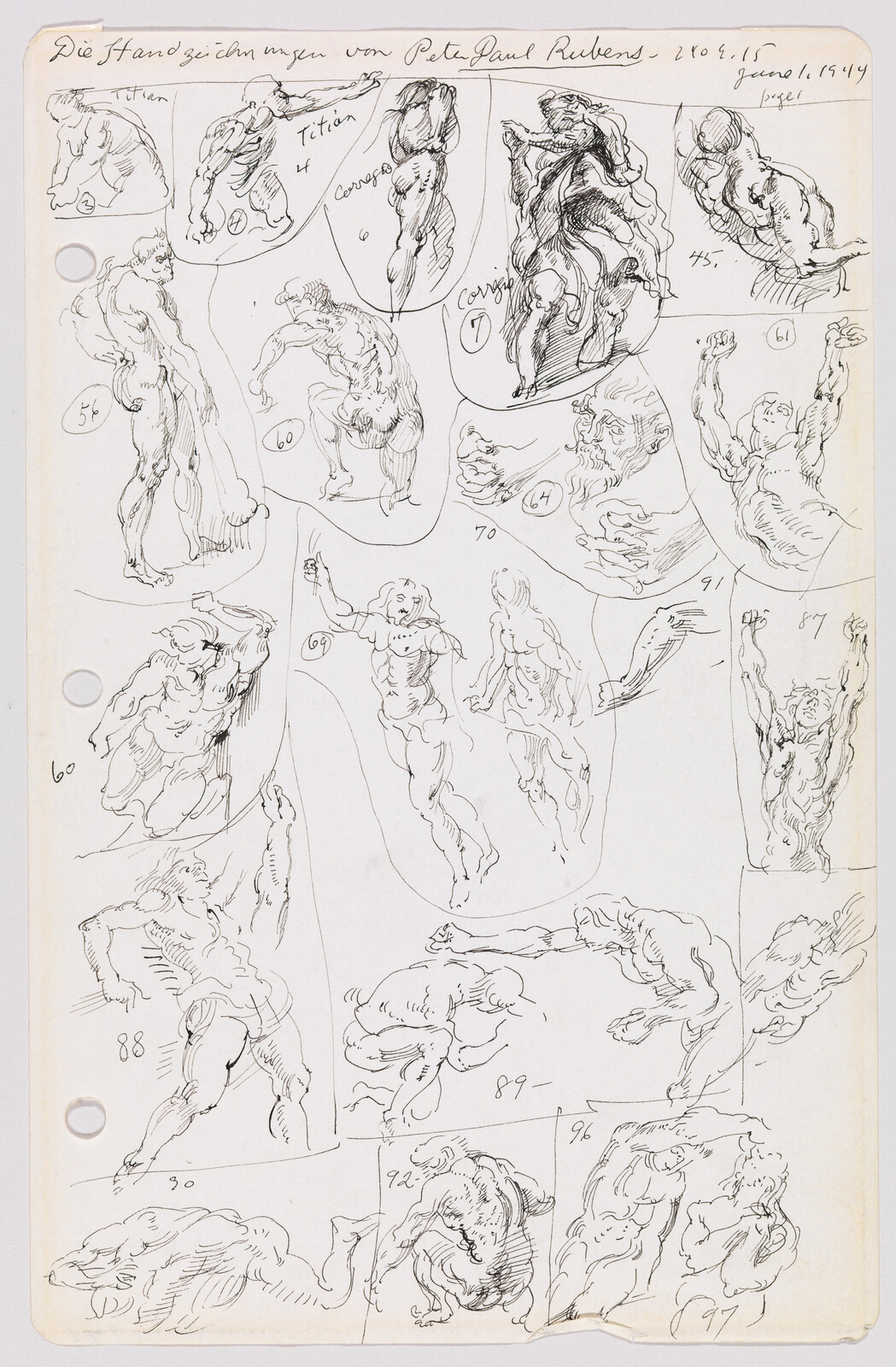 Multiple ink figure studies and handwritten numbers showing dynamic anatomical poses on a notepad page.