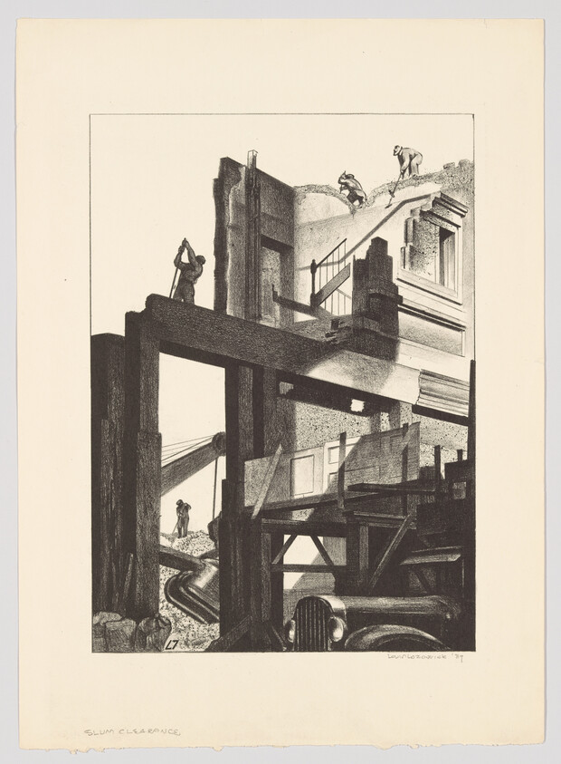 Construction workers demolish a building and move rubble among exposed beams and scaffolding.