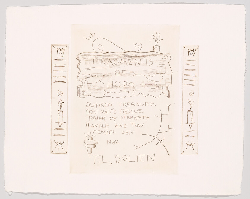 Hand-drawn page titled "Fragments of Hope" with sketches, candle motifs, and handwritten list of items.